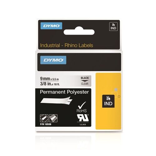 18508DMO Dymo Rhino Vinyl-Band 9 mm x 5,5 m schwarz auf transparent