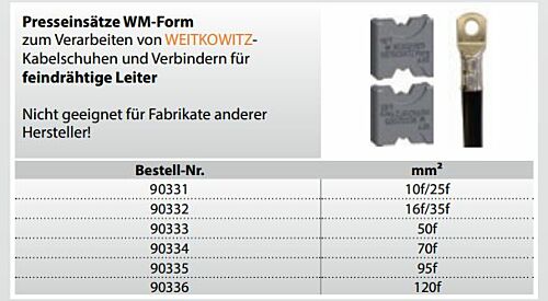 90334 Presseinsätze WM-Form 70f mm² für Kabelschuhe und Verbinder für feindrähtige Leiter 