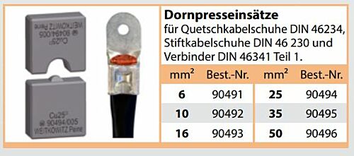 90491 Dornpresseinsätze 6mm² für Quetschkabelschuhe DIN 46234, Stiftkabelschuhe DIN 46 230 und Verbinder DIN 46341 Teil 1 Weitkowitz