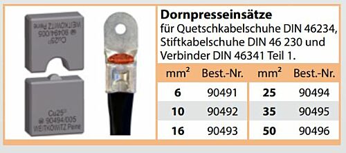 90492 Dornpresseinsätze 10mm² für Quetsch- DIN 46234, Stiftkabelschuhe DIN 46 230 + Verbinder DIN 46341 Weitkowitz