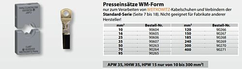 90604 Presseinsätze Wm-Form 10 mm² für Weitkowitz-Kabelschuhe und Verbinder der Standard-Serie für MP 2, APW 30, HHW 30, APW 35, HHW 35, HPW 15 und HPW 17 Weitkowitz