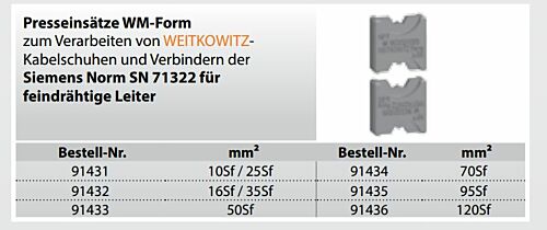 91431 Presseinsätze 10Sf/25Sf mm² für kabelschuhe und Verbinder der Siemens Norm SN 71322 für feindrähtige Leiter 