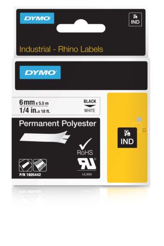 1805442 Dymo Rhino Polyester-Band schwarz auf weiß 6mm/5,5m