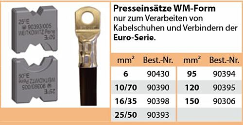 90430 Presseinsätze WM-Form 6 mm² für Kabelschuhe und Verbinder der Euro Serie 