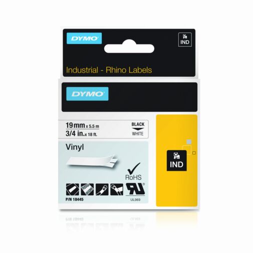 10 Schwarz auf Weiß 19mm 18445 VINYL Etikettenband für Dymo RHINO 4200 5000 5200 